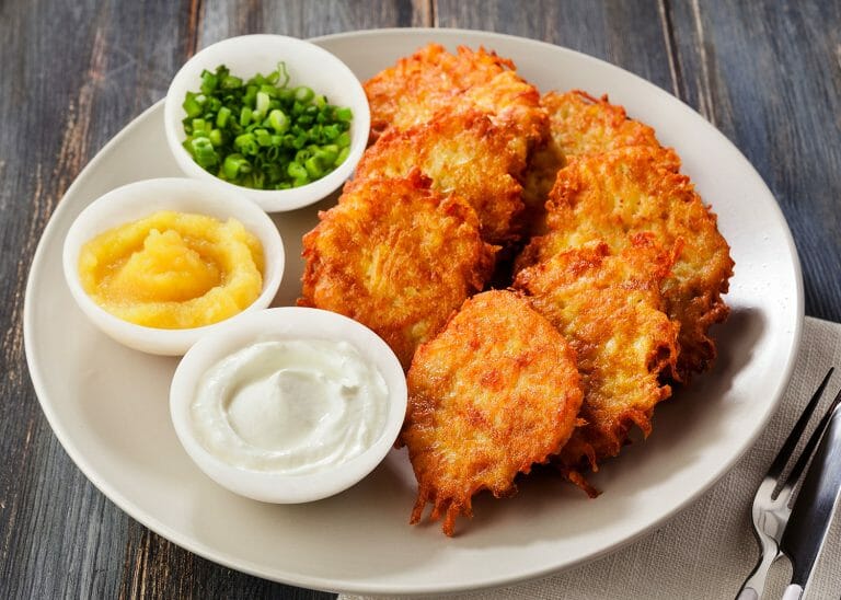 gluten-free potato pancakes, apple sauce, sour cream